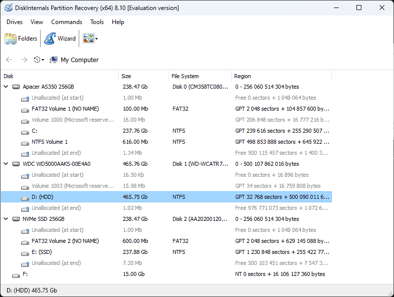 Pantalla principal de DiskInternals Partition Recovery