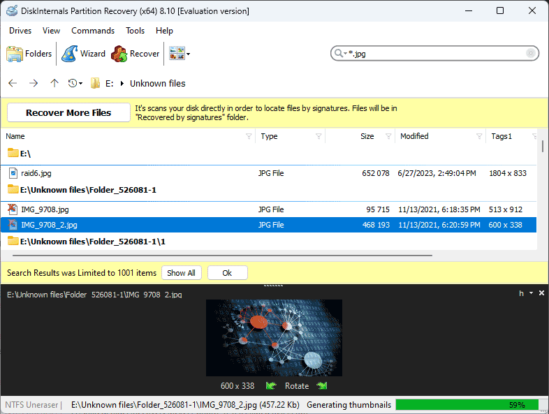 Pantalla de resultados de DiskInternals Partition Recovery