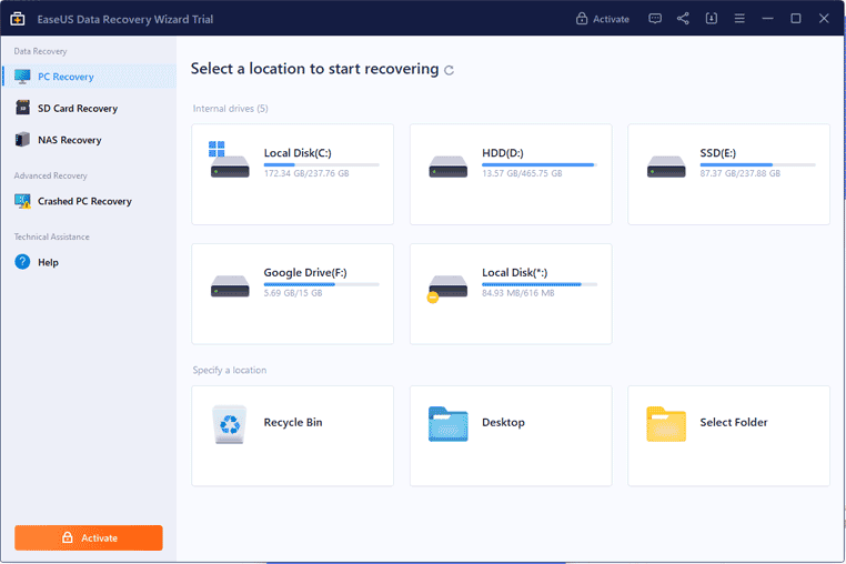 Pantalla principal de EaseUS Data Recovery Wizard