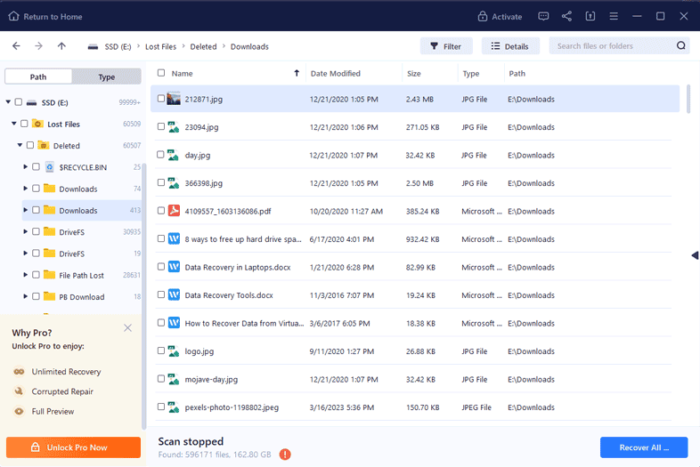 Pantalla de resultados de EaseUS Data Recovery Wizard