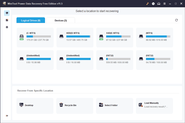 Pantalla principal de MiniTool Power Data Recovery