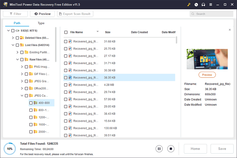 Pantalla de resultados de MiniTool Power Data Recovery