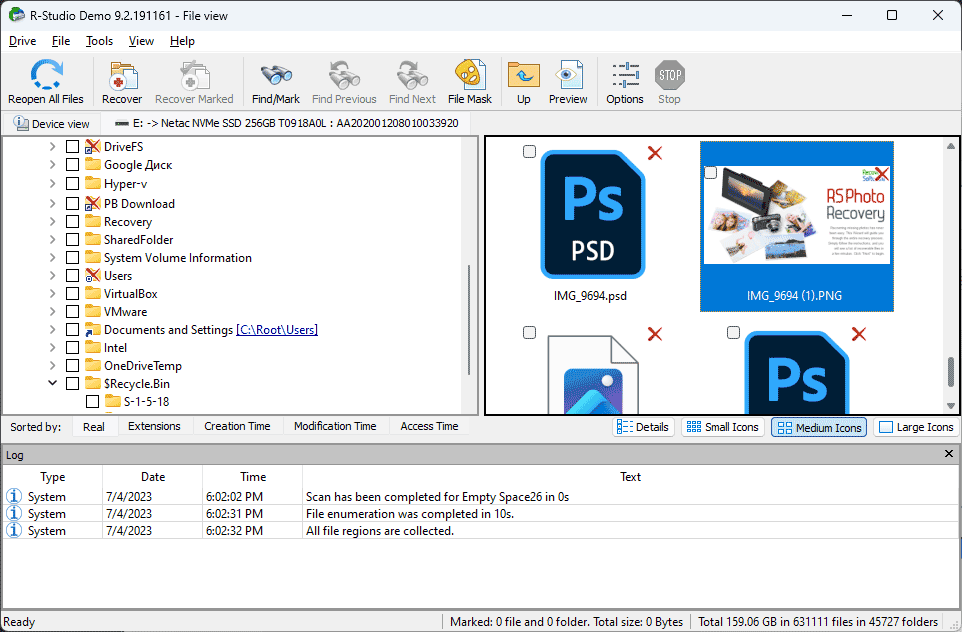 Pantalla de resultados de R-Studio