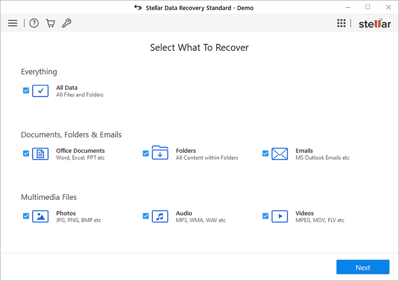 Pantalla principal de Stellar Data Recovery