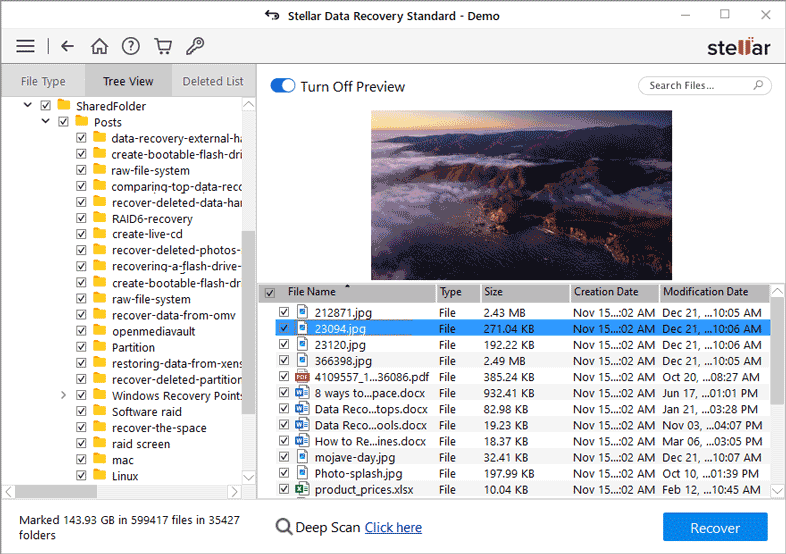 Pantalla de resultados de Stellar Data Recovery