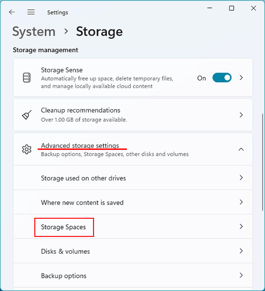 Ubicación de Espacios de Almacenamiento en Windows 11