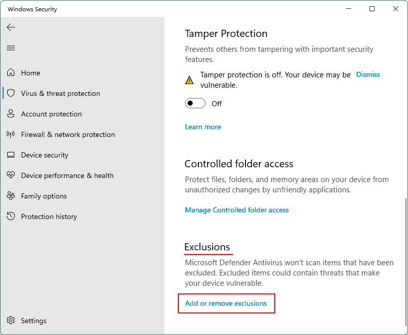 Excepciones de Windows Defender en Windows 11