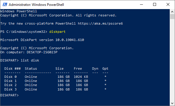 Ejecutando el comando list disk