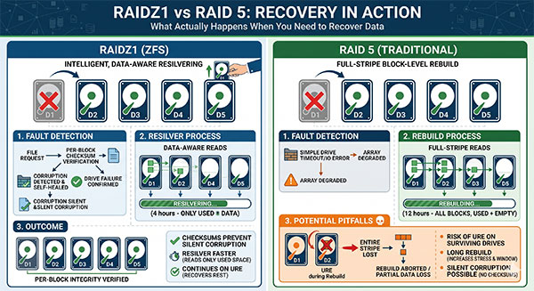 RAIDZ1 frente a RAID 5: ¿Qué ocurre realmente durante la recuperación de datos?