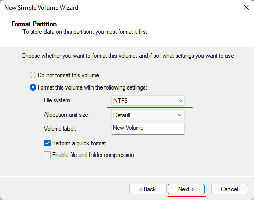 Elija el sistema de archivos para el nuevo volumen
