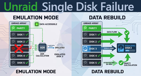 Unraid: falla de un solo disco — recuperación de datos, emulación y reconstrucción Unraid: falla de un solo disco — recuperación de datos, emulación y reconstrucción