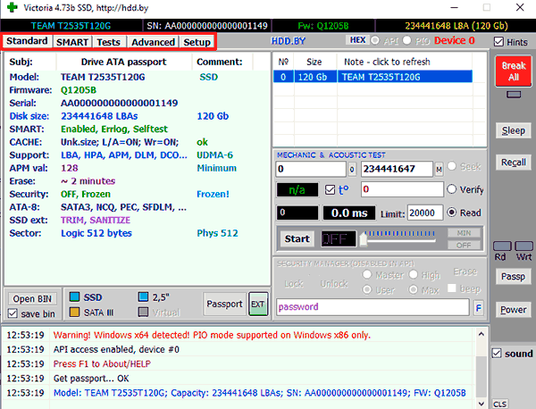 Captura de pantalla de la ventana principal del programa Victoria para probar y diagnosticar discos duros