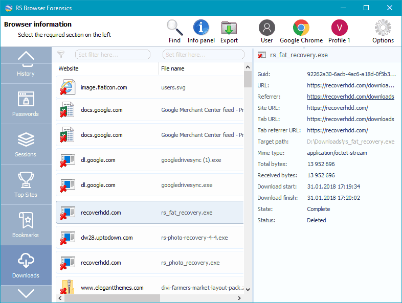 RS Browser Forensics: archivos descargados por el usuario